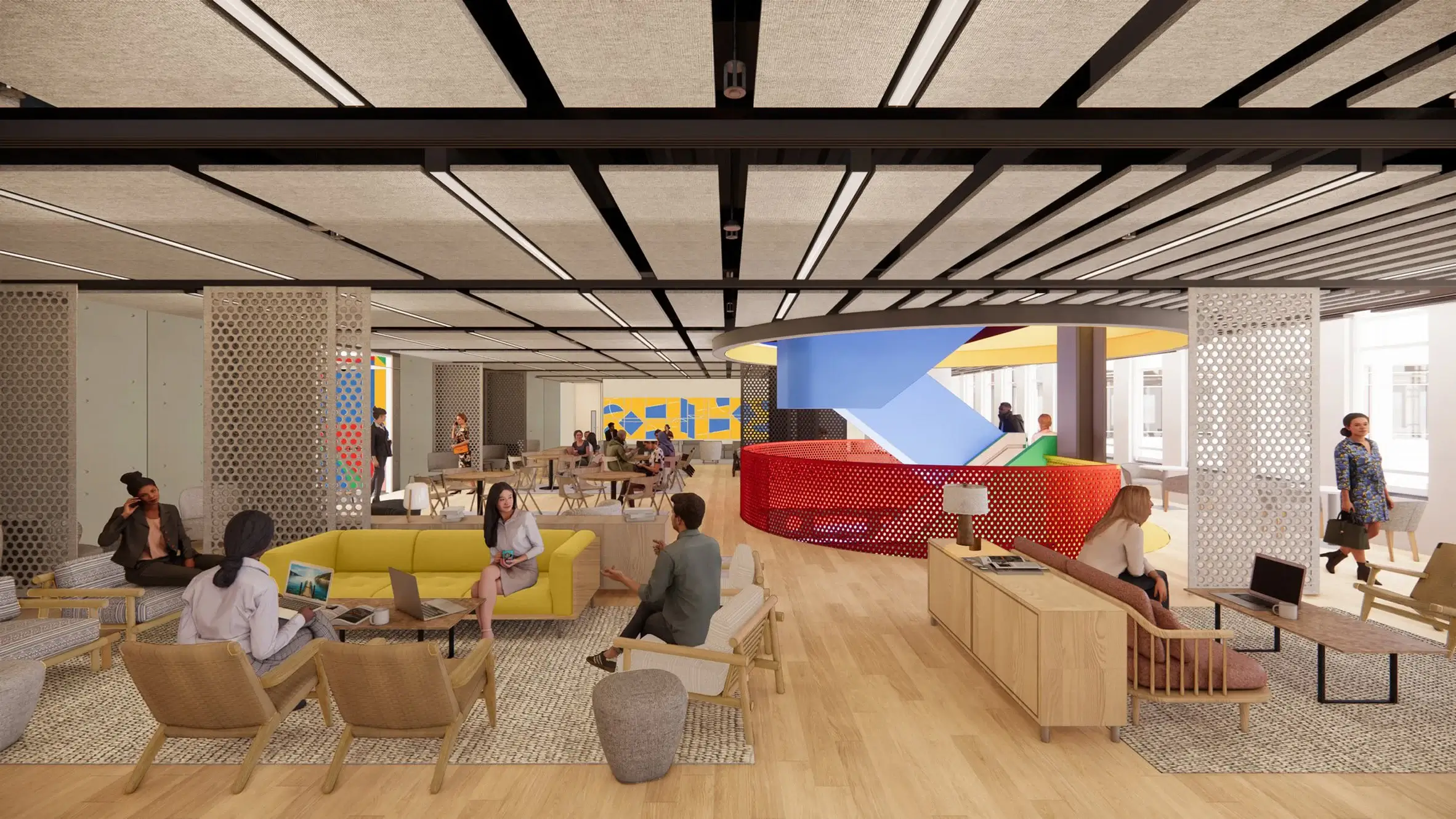 rendering of people interacting at a social office space