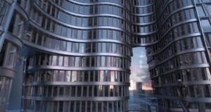 an undulating building facade in VR designed for hybrid work exploration