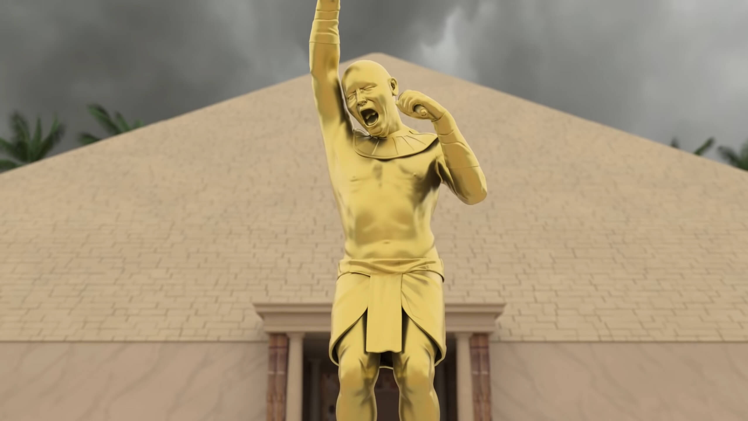 Rendering of a pyramid with a giant gold baby statue outside