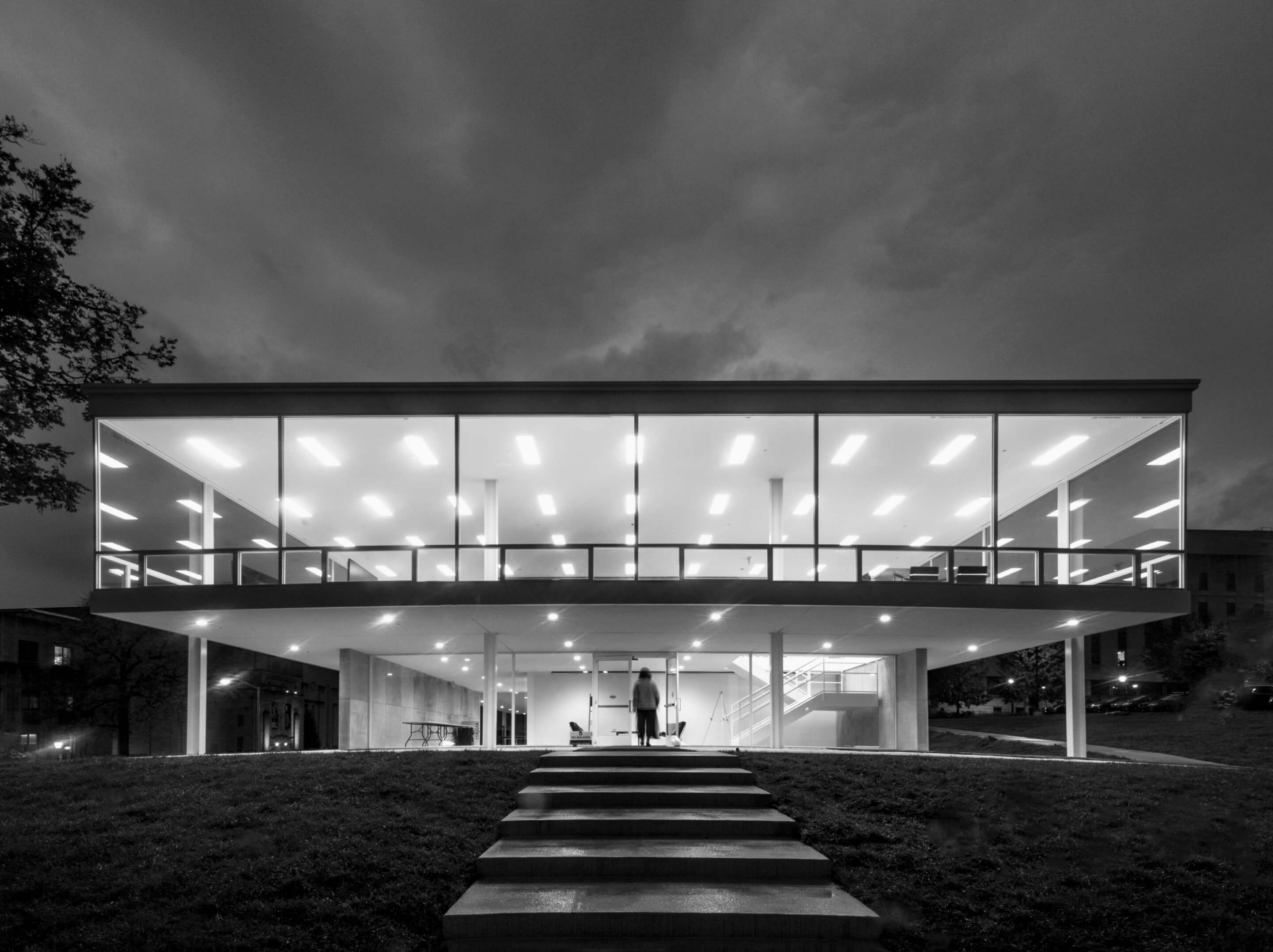 black and white floating of a mies-designed academic building
