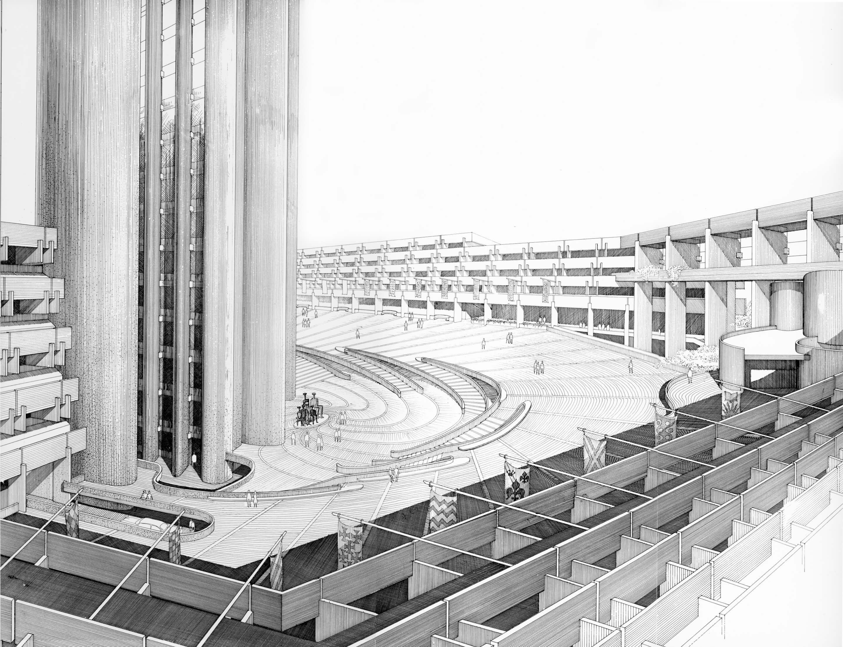A black and white drawing of the Government Services Center in Boston