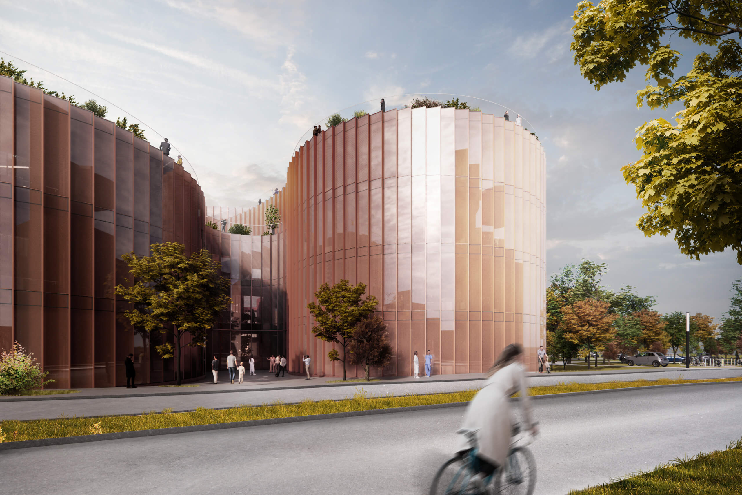 rendering of a person riding a bike next to a curving, red-hued building