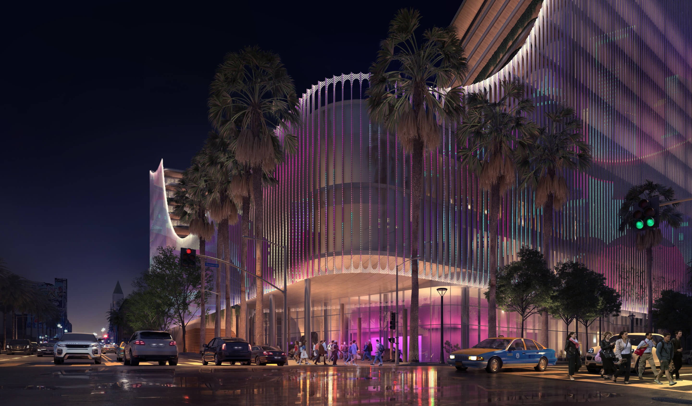 street-level rendering of a cultural campus in hollywood 