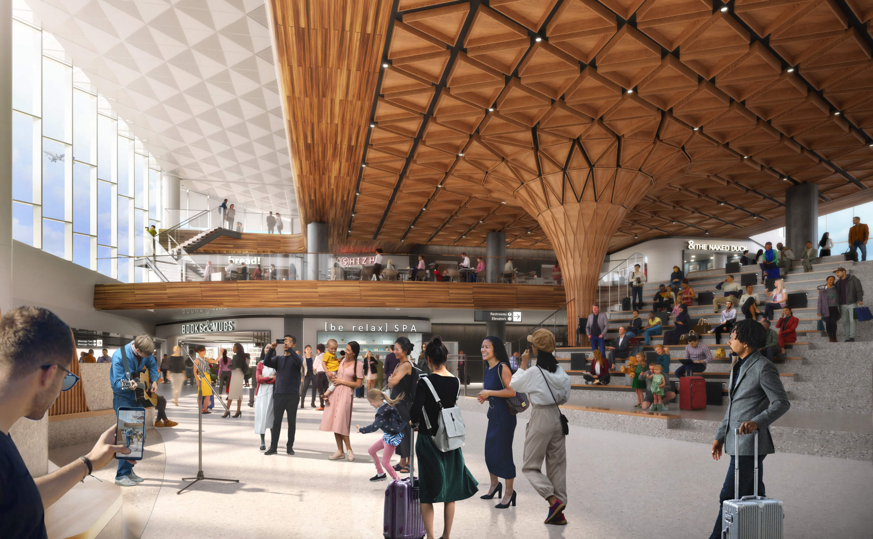 rendering langit-langit kayu dan kolom di terminal bandara
