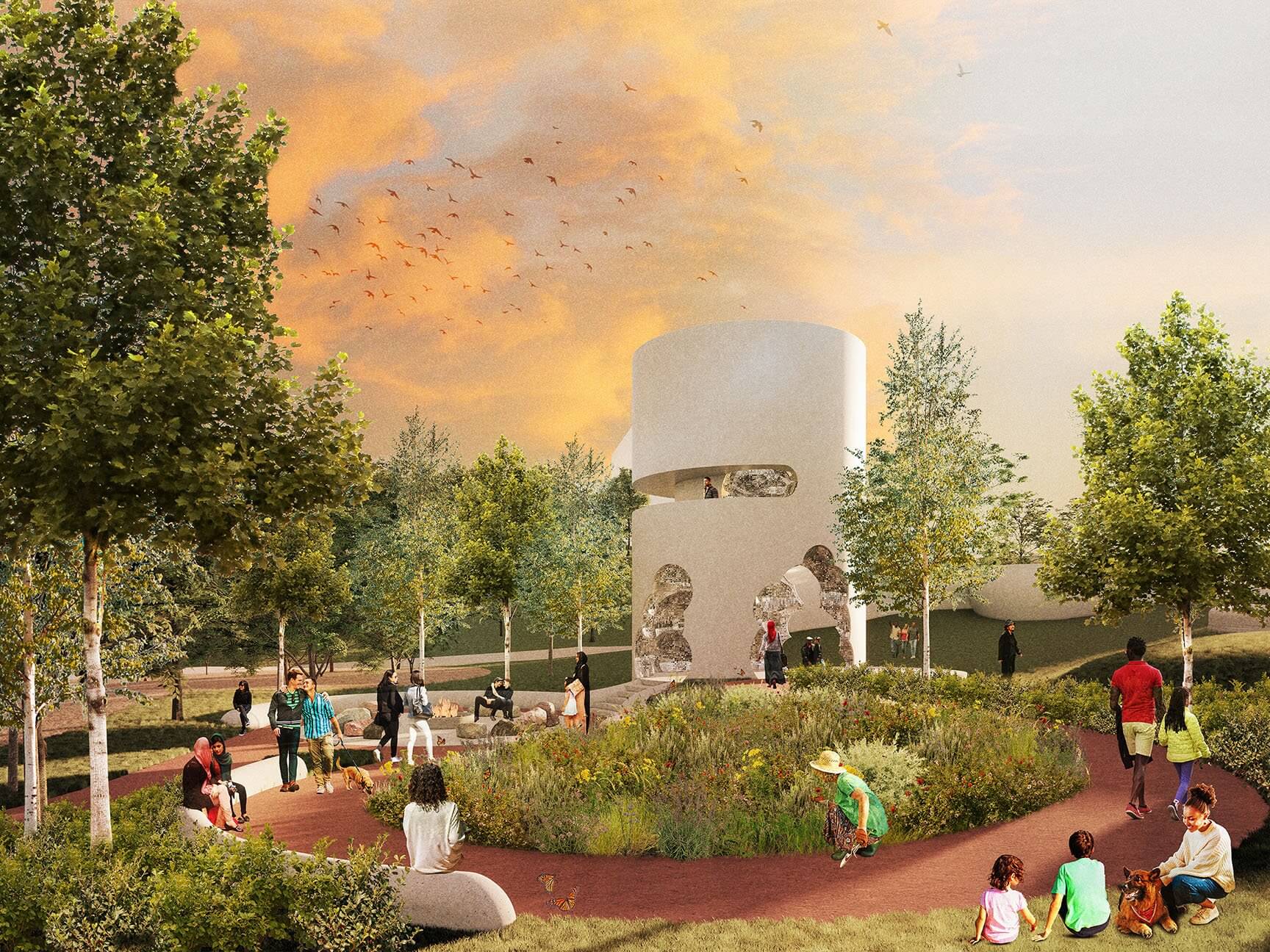 rendering of a large circular monument resembling a cloud 