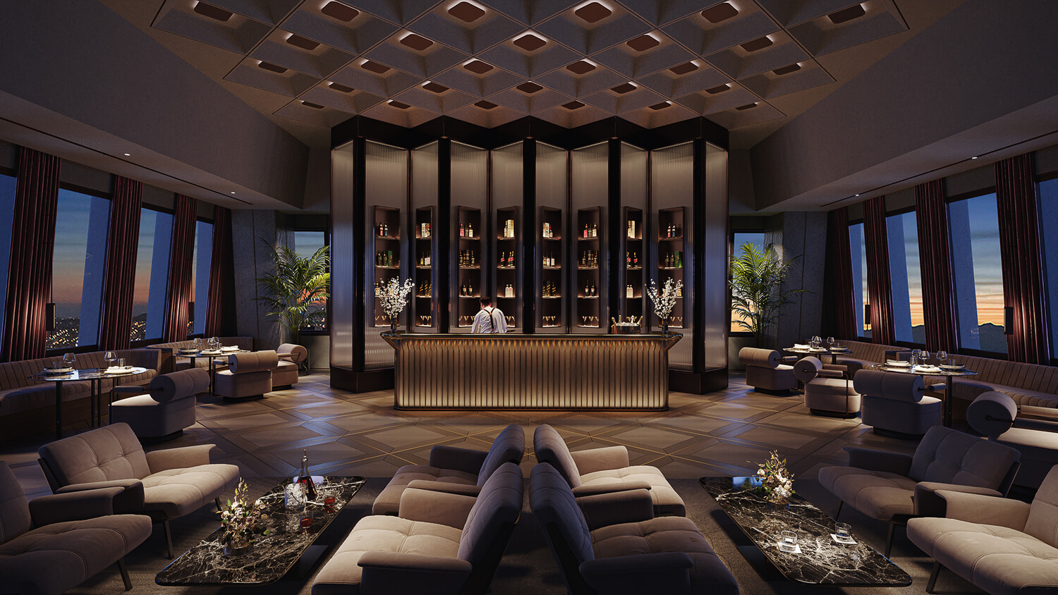 rendering of a a swank private lounge space