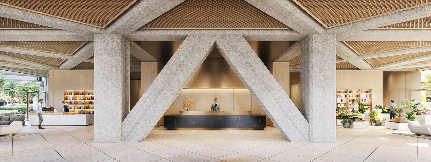 rendering of a renovated office building lobby